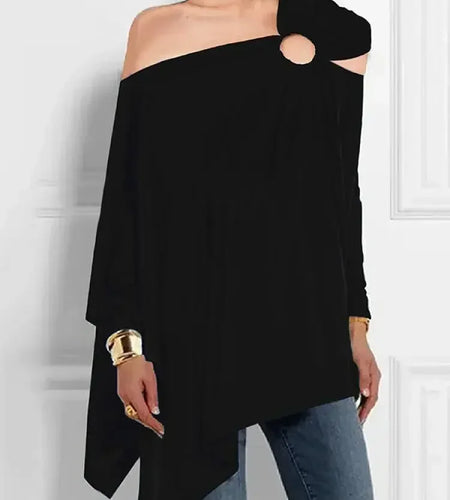 Solid Color Hollowed Asymmetric T-shirt for Women One-Shoulder Long Sleeve Loose Fit Shirt Top Female Blouse