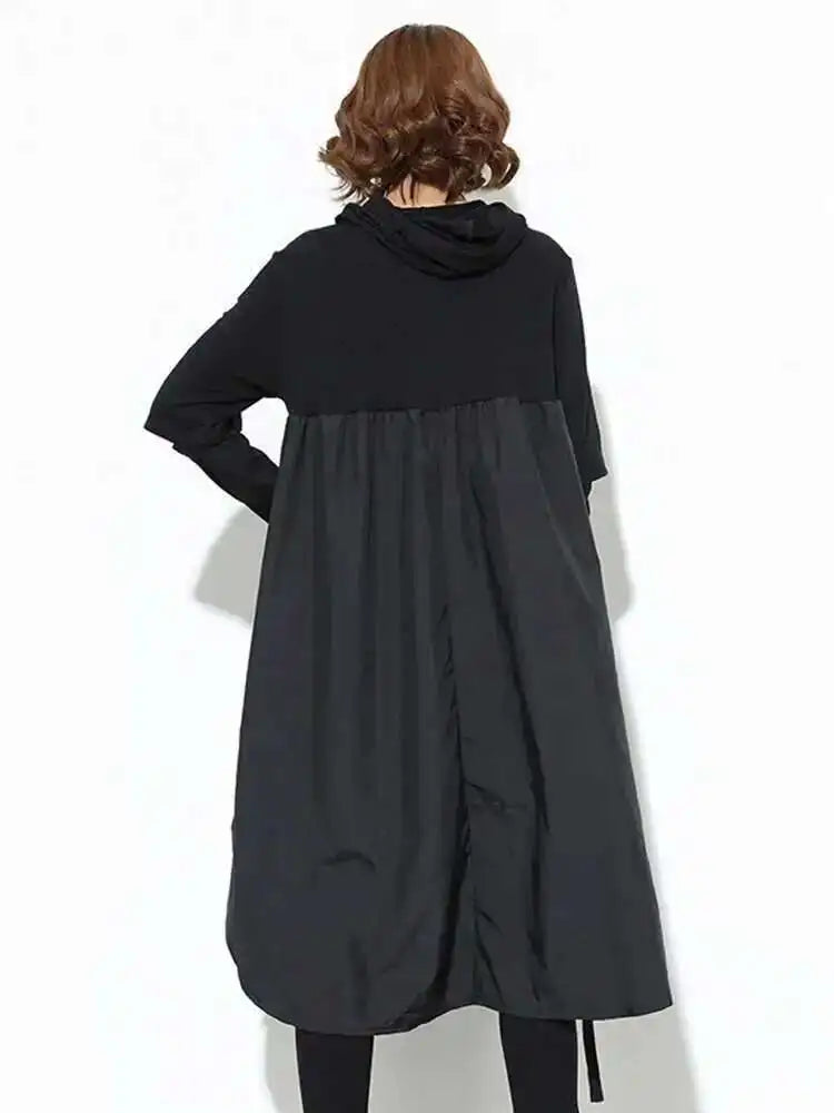 Women Black Drawstring Hollow Out Big Size Irregular Dress New Hooded Long Sleeve Fashion Tide Spring Autumn 2025 JD076