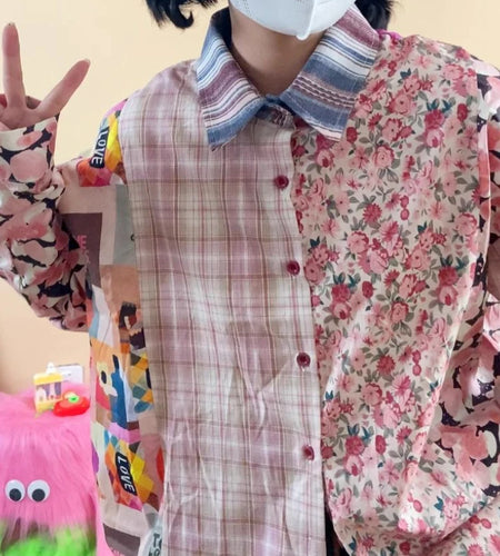 Patchwork Print Oversized Blouses 2025 Blusas Mujer De Moda Y2k Aesthetic Vintage Shirts Streetwear Casual Women Blouse Tops