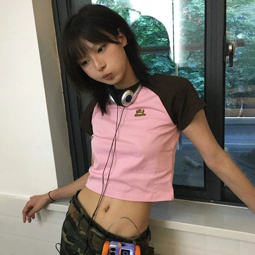 Load image into Gallery viewer, Japanese Y2k Patchwork T-shirt Vintage 2000s Style Crop Top Harajuku Aesthetics Short Sleeve Tee Shirt American Retro
