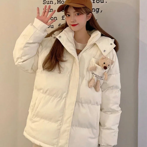 Load image into Gallery viewer, Pink Cartoon Bear Appliques Jacket Parka Women Winter Hooded Coat Warm Casual Parkas Long Sleeve Cotton Liner Thick Outwear
