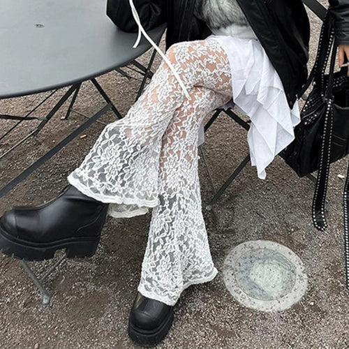 Load image into Gallery viewer, Fashion Y2K White Lace Trousers See Through Ruffles Patchwork Tierred Vintage 2000s Flared Pants Female Hottie Bottom
