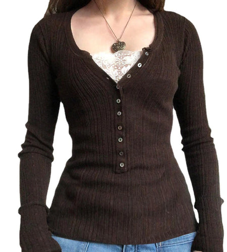 y2k 2000s Fairycore T Shirt Women Grunge Aesthetic Clothes Lace Patchwork V Neck Long Sleeve Tops Vintage Streetwear