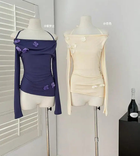 French Women Beige Flower Decorate Slim Pleated Short Tops Spring Autumn Purple Elegant Long Sleeve Off Shoulder Halter T Shirt