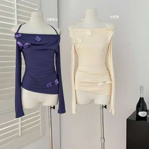 Load image into Gallery viewer, French Women Beige Flower Decorate Slim Pleated Short Tops Spring Autumn Purple Elegant Long Sleeve Off Shoulder Halter T Shirt
