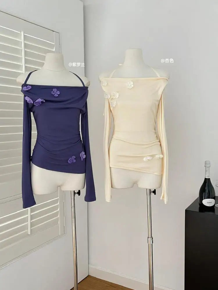 French Women Beige Flower Decorate Slim Pleated Short Tops Spring Autumn Purple Elegant Long Sleeve Off Shoulder Halter T Shirt
