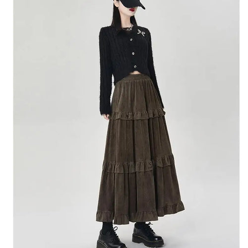 Load image into Gallery viewer, French Women Solid Elegant Vacation Cake Pleated Long Skirts 2024 Autumn Winter New High Waist Ruffle Edge Party Skirt Fashion
