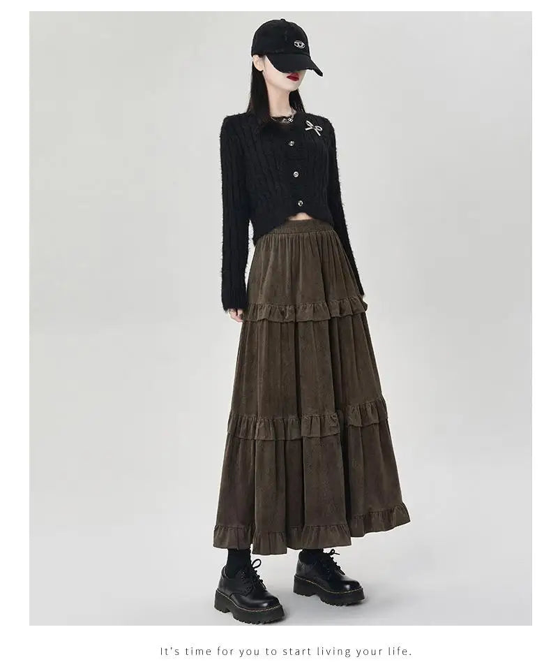 French Women Solid Elegant Vacation Cake Pleated Long Skirts 2024 Autumn Winter New High Waist Ruffle Edge Party Skirt Fashion