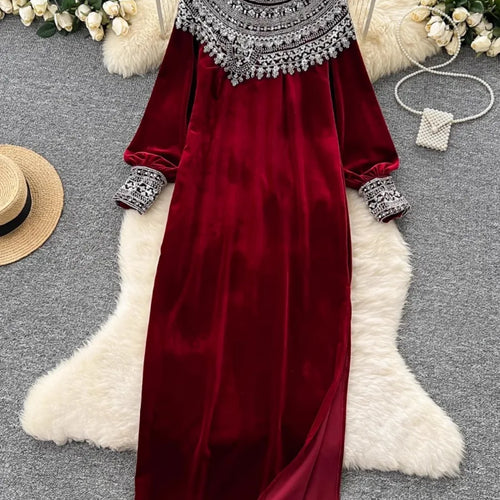 Load image into Gallery viewer, Hit Color Spliced Embroidery Elegant Dresses for Women O Neck Long Sleeve Temperament Dress Female Fashion
