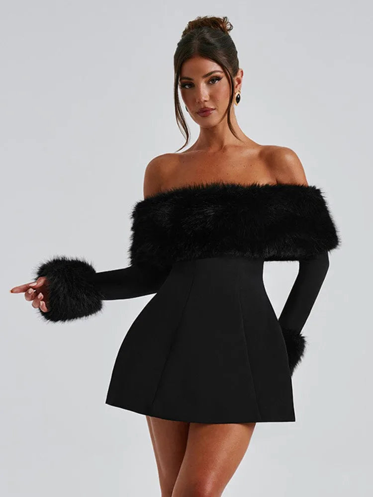Feather Strapless Long Sleeve Sexy Mini Dress Women Fashion Off-shoulder Backless High Waist Club Party Dress Elegant