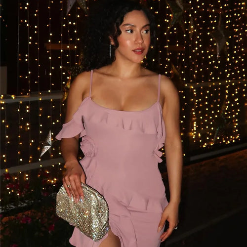 Load image into Gallery viewer, Elegant Ruffle Sexy Maxi Dress Women Spaghetti Strap Flower Sleeveless Backless High Split Club Party Evening Dress
