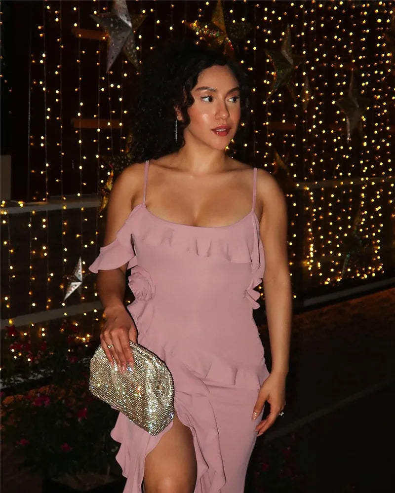 Elegant Ruffle Sexy Maxi Dress Women Spaghetti Strap Flower Sleeveless Backless High Split Club Party Evening Dress