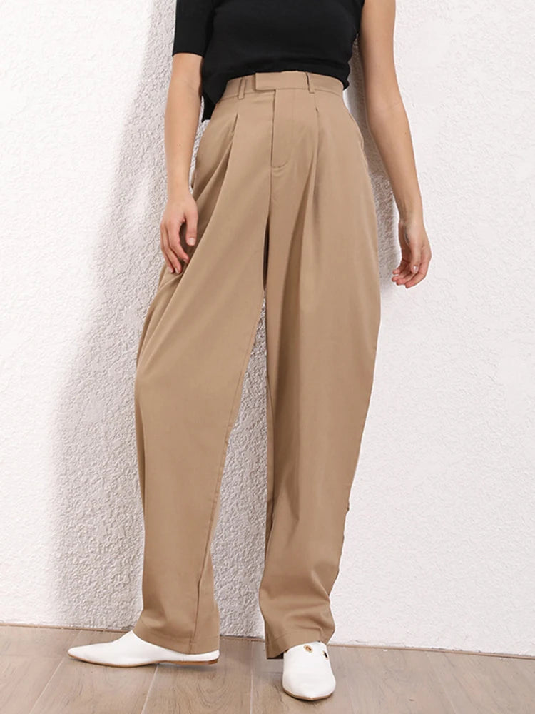 Casual Solid Straight Trousers For Women High Waist Patchwork Pockets Loose Minimalist Wide Leg Pants Female Clothing