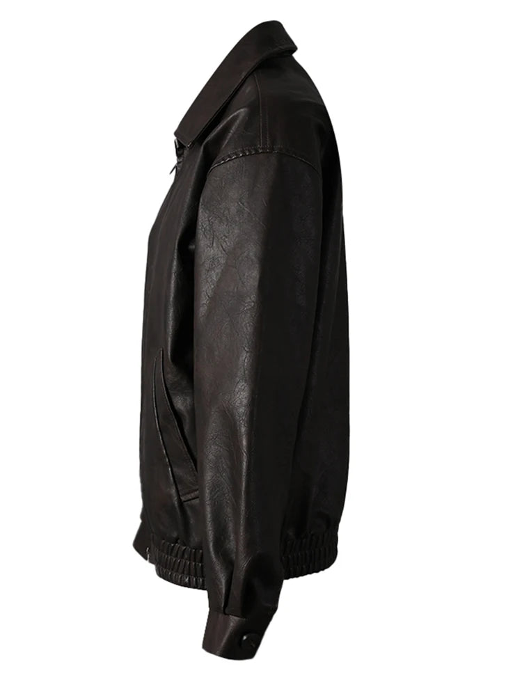 Brown Casual Big Size Vintage PU Leather Jacket New Lapel Long Sleeve Women Coat Fashion Tide Spring Autumn 2025 9C5013