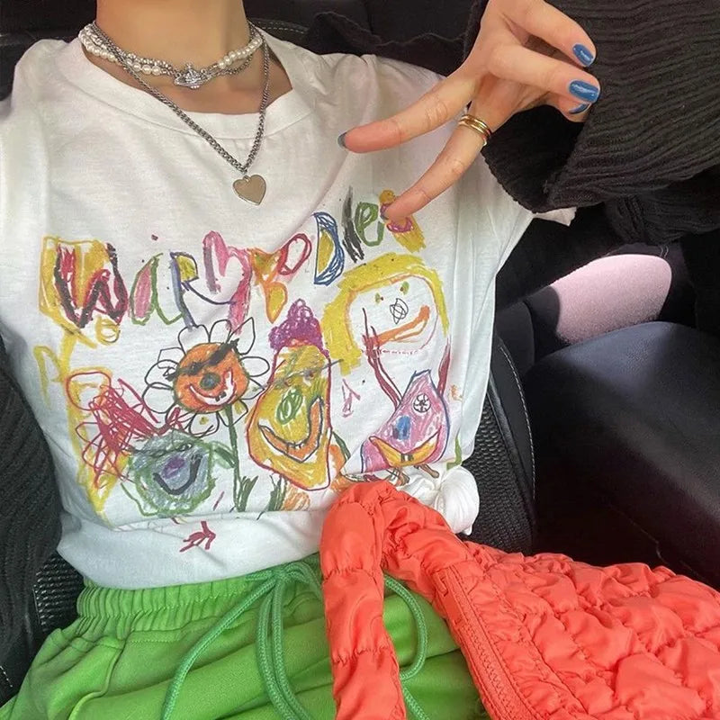 Fairy Grunge Short Sleeve T-shirts Cartoon Graffiti Print Tee Shirts Graphic Korean Fashion Tops Summer Streetwear Y2k