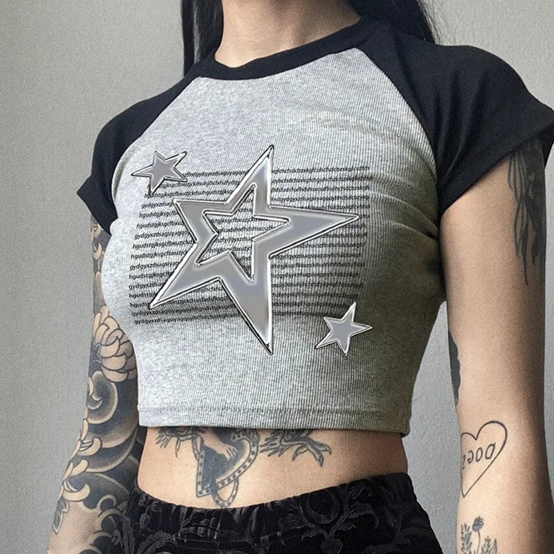 Casual Ribbed Knitted Letter Women Tee Shirt Patched Streetwear Baby Crop Tops Raglan Sleeve Slim Summer T-shirts Y2K