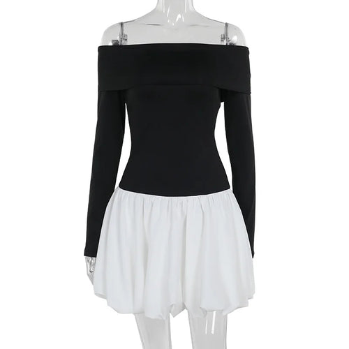 Load image into Gallery viewer, Off-shoulder Long Sleeve Sexy Mini Dress For Women Contrast Color Patchwork Strapless Backless A-line Sexy Dress
