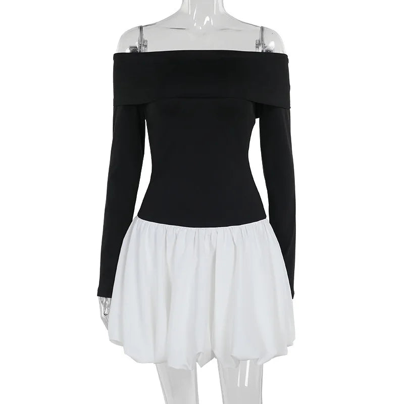 Off-shoulder Long Sleeve Sexy Mini Dress For Women Contrast Color Patchwork Strapless Backless A-line Sexy Dress