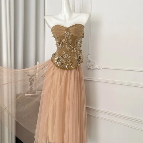 Load image into Gallery viewer, Summer French 2025 Women Purple Flower Embroidery Elegant Backless Strapless Tops And High Waist Mesh Long Skirt Two Piece Sets

