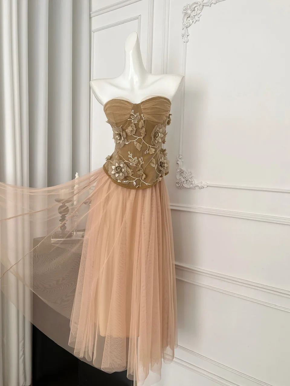 Summer French 2025 Women Purple Flower Embroidery Elegant Backless Strapless Tops And High Waist Mesh Long Skirt Two Piece Sets