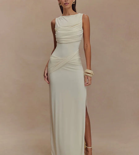 Backless Ruched Sexy Maxi Tank Dress Women Gown Summer New O Neck Thigh High Split Bodycon Elegant Long Dress Fashion