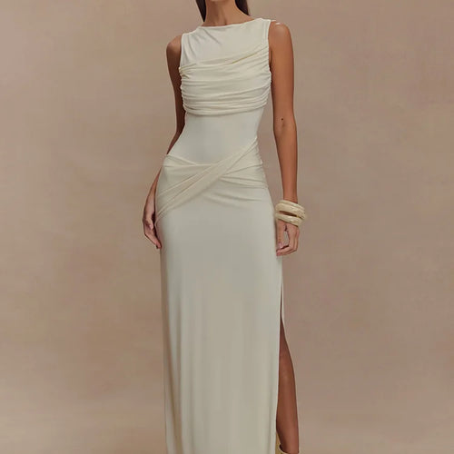 Load image into Gallery viewer, Backless Ruched Sexy Maxi Tank Dress Women Gown Summer New O Neck Thigh High Split Bodycon Elegant Long Dress Fashion
