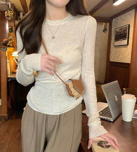 y2k Clothes Tops Women Casual Solid Color Round Neck Long Sleeve Knitted T Shirts 2000s Aesthetic Clothing Streetwear