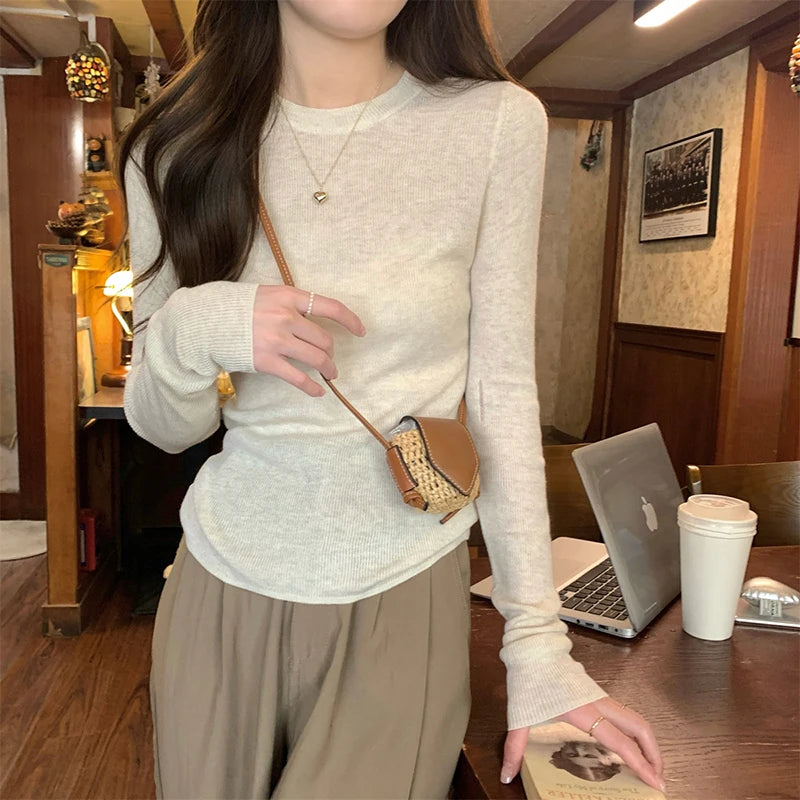 y2k Clothes Tops Women Casual Solid Color Round Neck Long Sleeve Knitted T Shirts 2000s Aesthetic Clothing Streetwear