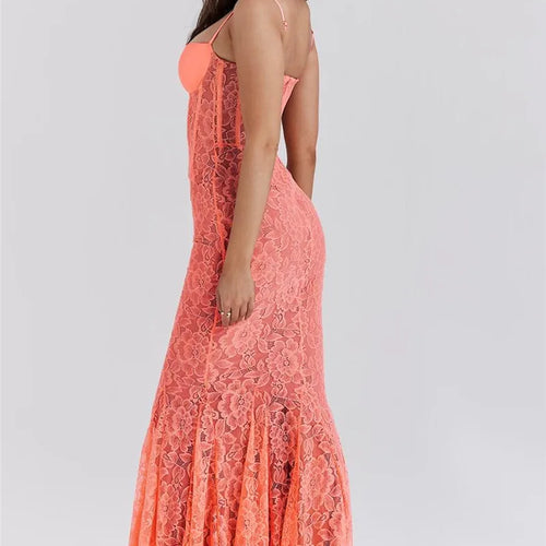 Load image into Gallery viewer, Floral Lace Sexy Maxi Dress For Women Orange Spaghetti Strap Sleeveless Backless Bodycon Club Party Long Dress Elegant
