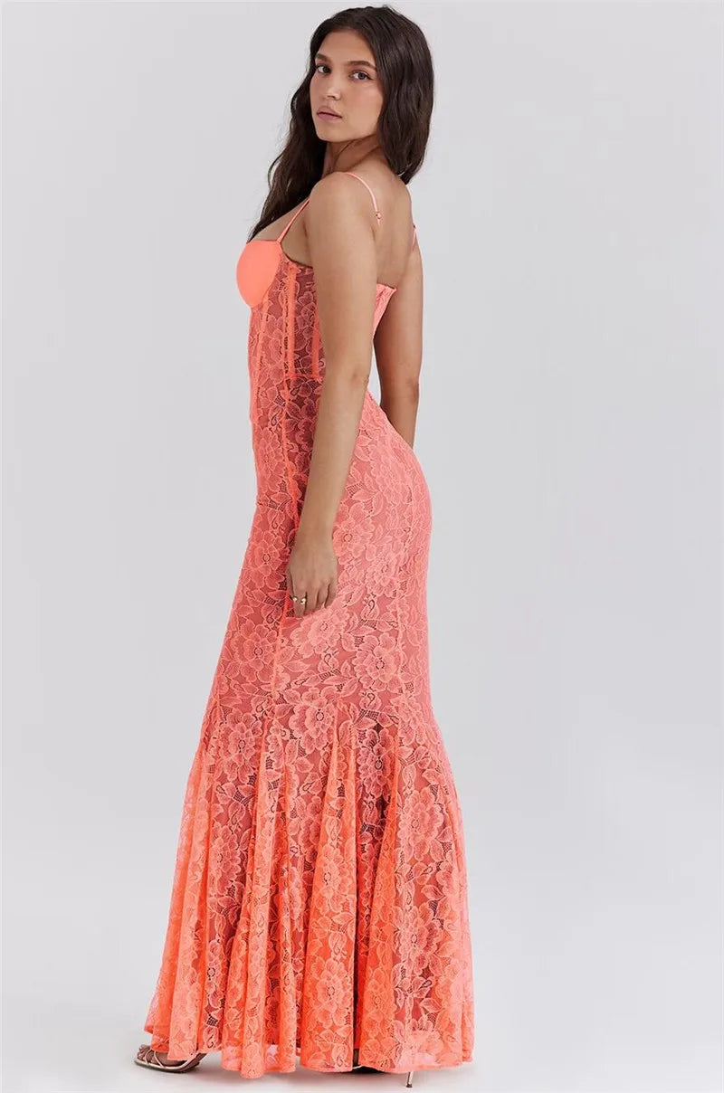 Floral Lace Sexy Maxi Dress For Women Orange Spaghetti Strap Sleeveless Backless Bodycon Club Party Long Dress Elegant