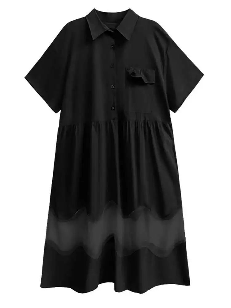 Women Blue Perspective Big Size Shirt Dress New Lapel Short Sleeve Loose Fit Fashion Tide Spring Summer 2025 1DF8791