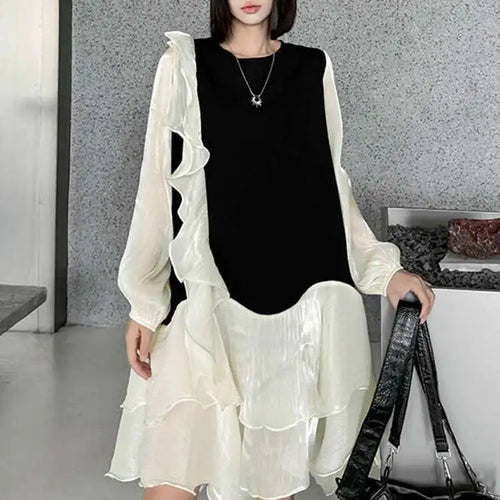 Load image into Gallery viewer, Women Black Ruffles Color-block Big Size Knee-Length Dress New Round Neck Long Sleeve Fashion Spring Autumn 2025 1DH7239
