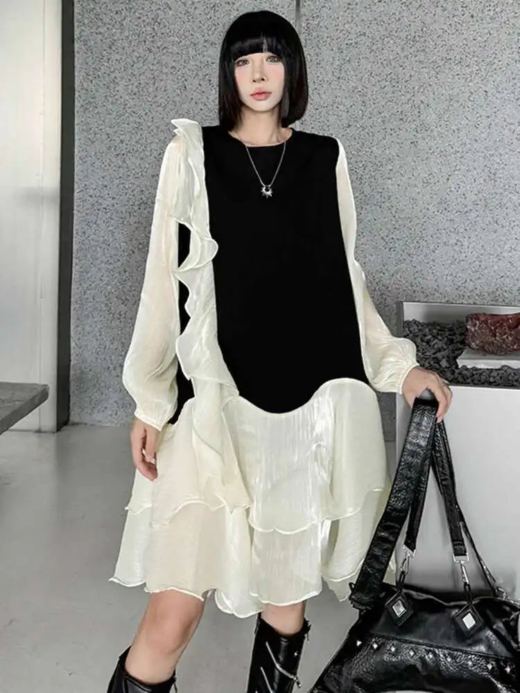 Women Black Ruffles Color-block Big Size Knee-Length Dress New Round Neck Long Sleeve Fashion Spring Autumn 2025 1DH7239