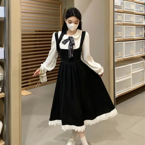 Load image into Gallery viewer, Korean Style School Black Dress Sweet Japanese Harajuku Kawaii Cute Peter Pan Collar Dresses Autumn Winter
