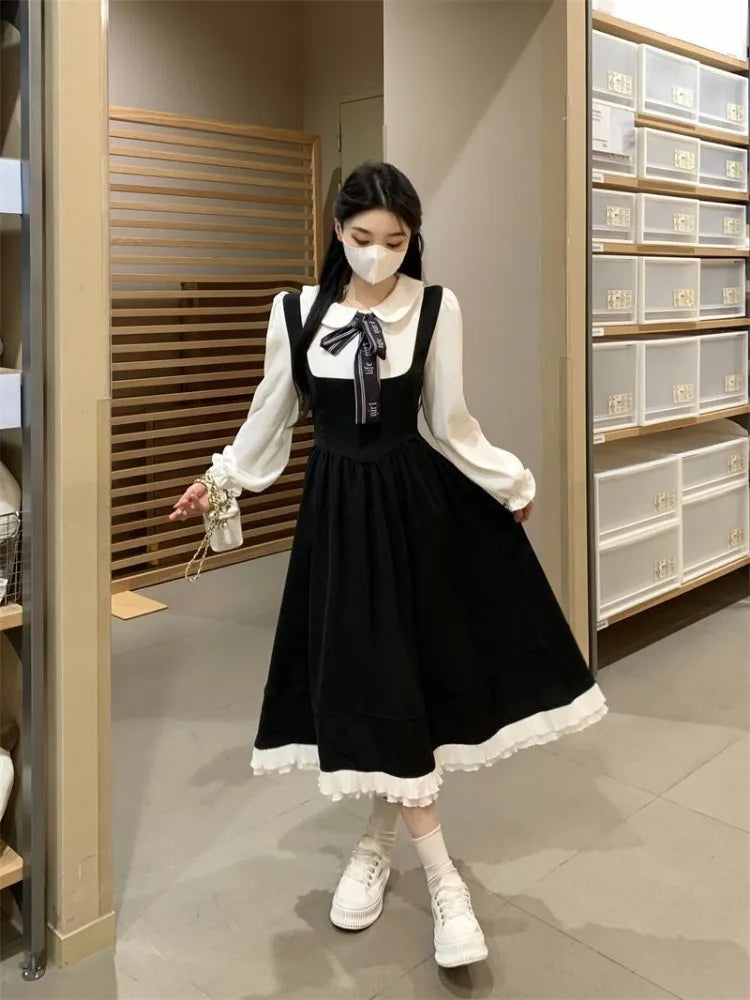 Korean Style School Black Dress Sweet Japanese Harajuku Kawaii Cute Peter Pan Collar Dresses Autumn Winter