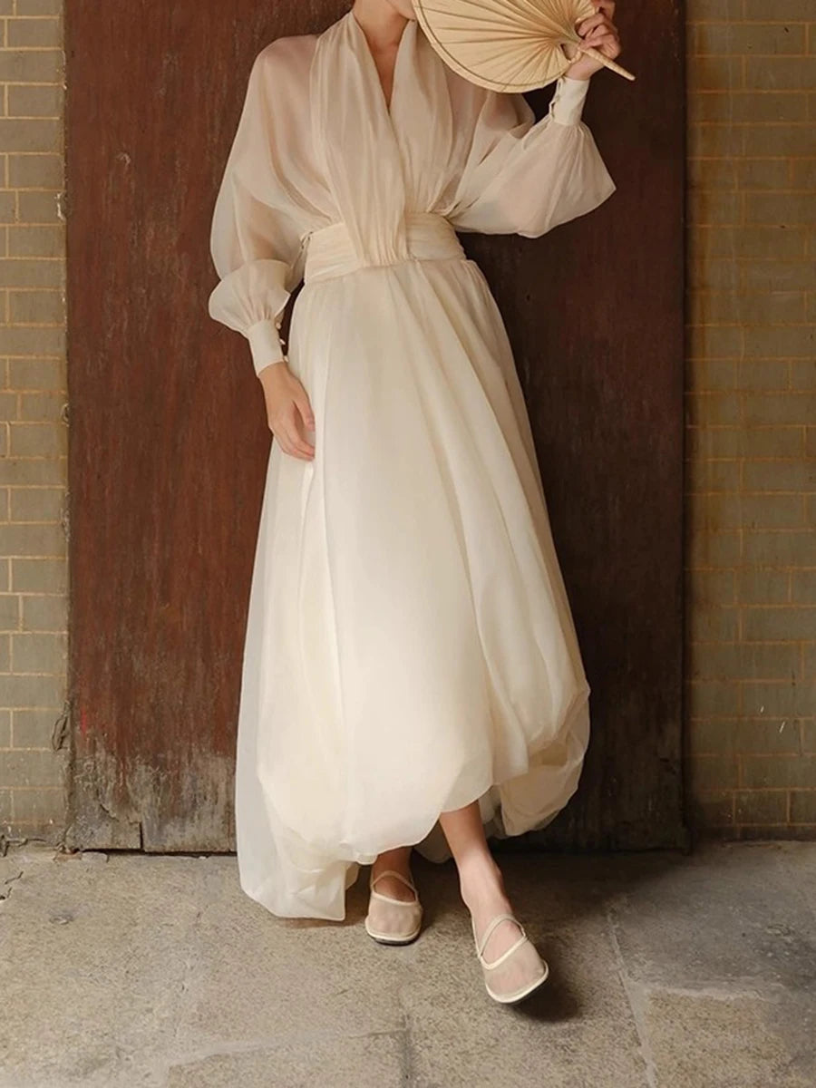 Loose Sheer Spliced Folds Sexy Dresses for Women V Neck Long Sleeves High Waist Fashion Dress Female Clothing New