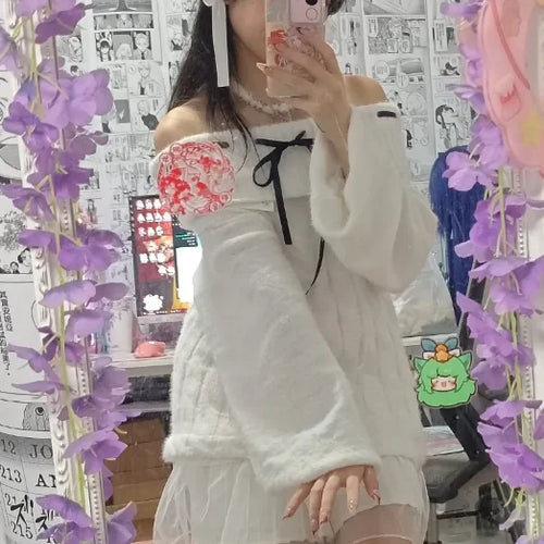 Load image into Gallery viewer, Y2k Aesthetic Slash Neck Twist Sweater Women Off Shlouder Bandage Pullover Vintage Lantern Sleeve Jumper Kawaii Fairy Jumpers
