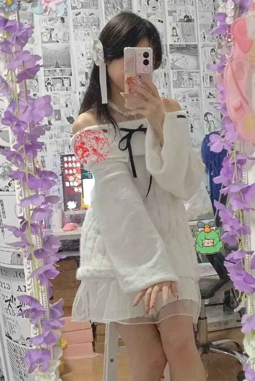 Y2k Aesthetic Slash Neck Twist Sweater Women Off Shlouder Bandage Pullover Vintage Lantern Sleeve Jumper Kawaii Fairy Jumpers