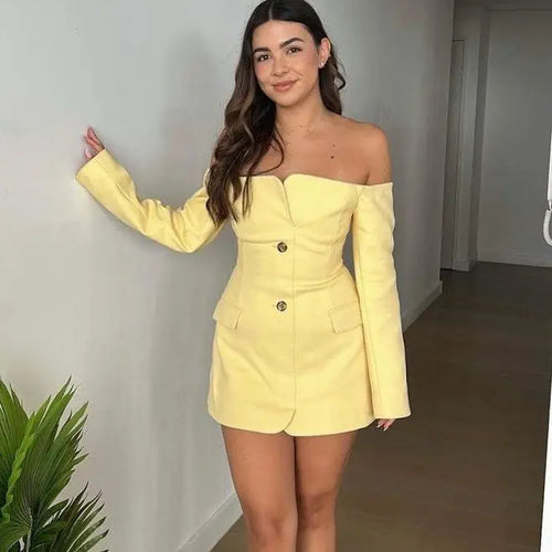 Load image into Gallery viewer, Elegant Long Sleeved Suit Dress Women Button Slim One Shoulder Dress Female Summer New 2024 Sexy Pocket Suit Streetwear
