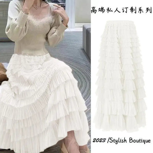 Load image into Gallery viewer, Solid Mesh Cake Skirts Women Elegant Cascading Ruffles A Line Long Skirt Female Casual Elastic Waist Party Princess Skirt French
