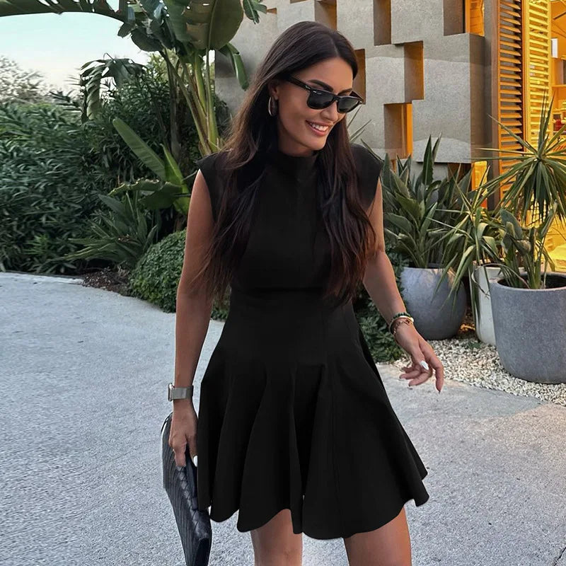 Half High Collar Sleeveless Sexy Mini Dress For Women Fashion Solid Red High Waist A-line Club Pleated Sexy Dress