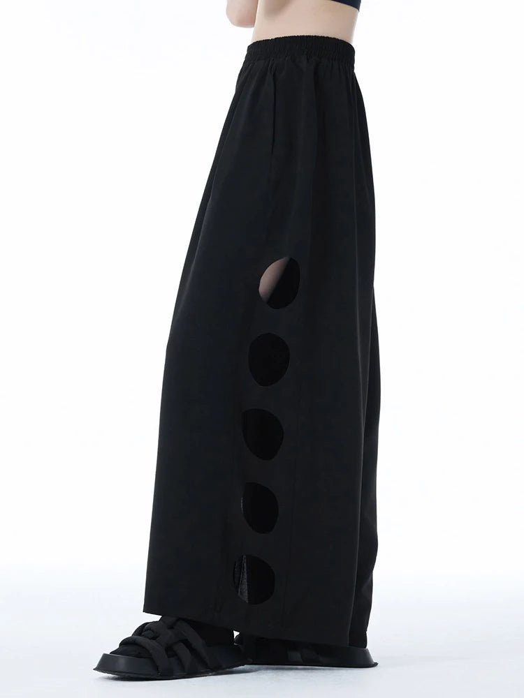 High Elastic Waist Gray Side Hollow Out Long Wide Leg Pants New Trousers Women Fashion Tide Spring Autumn 2025 1DJ1255