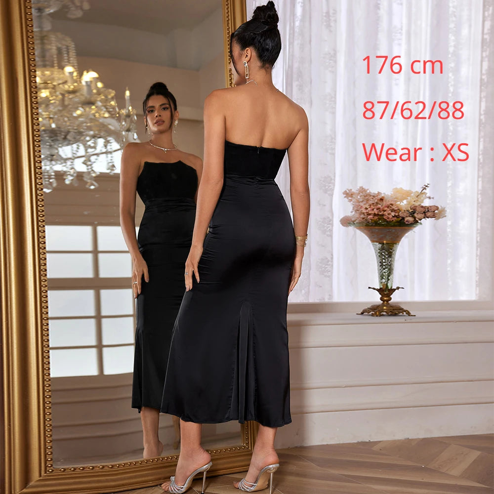 Black Maxi Wedding Guest Dress Women Strapless Velvet Boning Corset Party Dress Sexy Satin Long Formal Occasion Dress