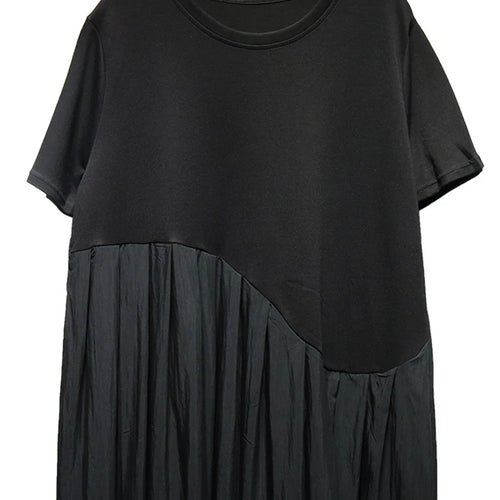 Load image into Gallery viewer, Women Black Irregular Pleated Big Size Midi Dress New Round Neck Short Sleeve Fashion Tide Spring Summer 2025 1DJ0851
