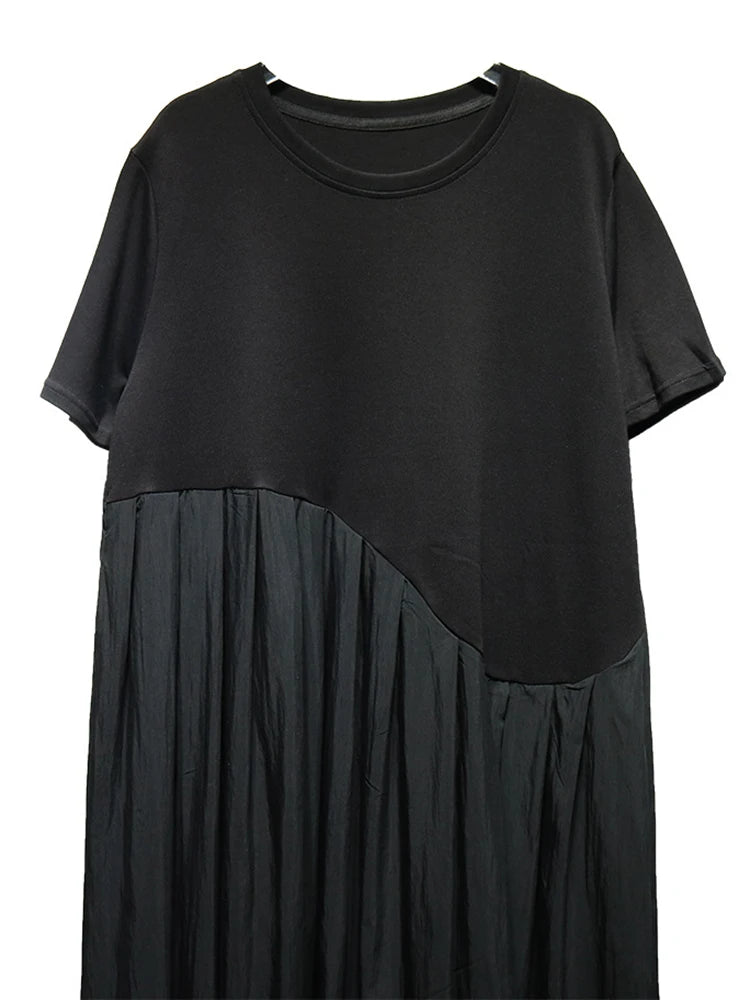 Women Black Irregular Pleated Big Size Midi Dress New Round Neck Short Sleeve Fashion Tide Spring Summer 2025 1DJ0851