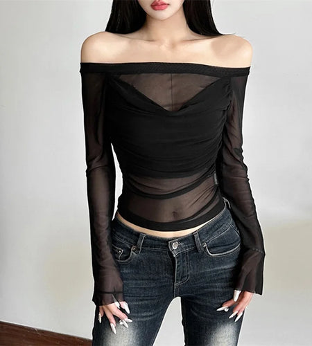 y2k Tops for Women Sexy Clothes Sheer Solid Color Off Shoulder Flared Long Sleeve Ruched Mesh T Shirts Club Streetwear