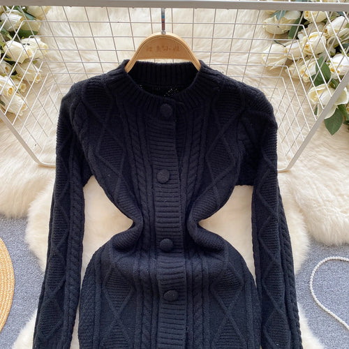 Load image into Gallery viewer, Women Black Round Neck  Single Breasted Knitted Dress Autumn Winter Beige Long Sleeve Casual Elegant Mini Sweater Dress Clothes
