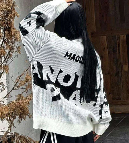 Men and Women Letter Jacquard Grunge Sweaters Y2k Aesthetic Half High Collar Zipper Jumpers Knitted Harajuku Oversized Pullovers