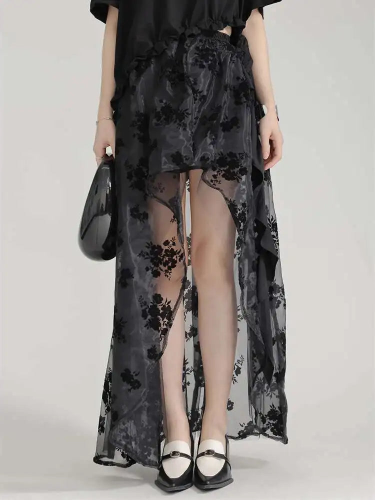 High Waist Black Lace Organza Perspective A-line Half-body Skirt Women Fashion Tide New Spring Autumn 2025 1DH6041