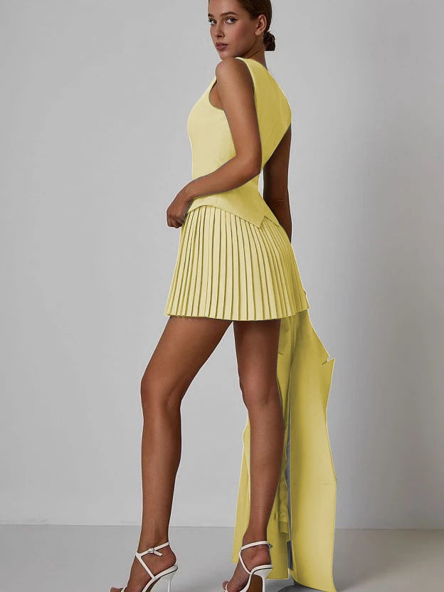 Fashion Suit Vest Pleated Short Skirt Two Piece Set Women's Slim Button Tight Set Female Summer New 2024 Street Clothing